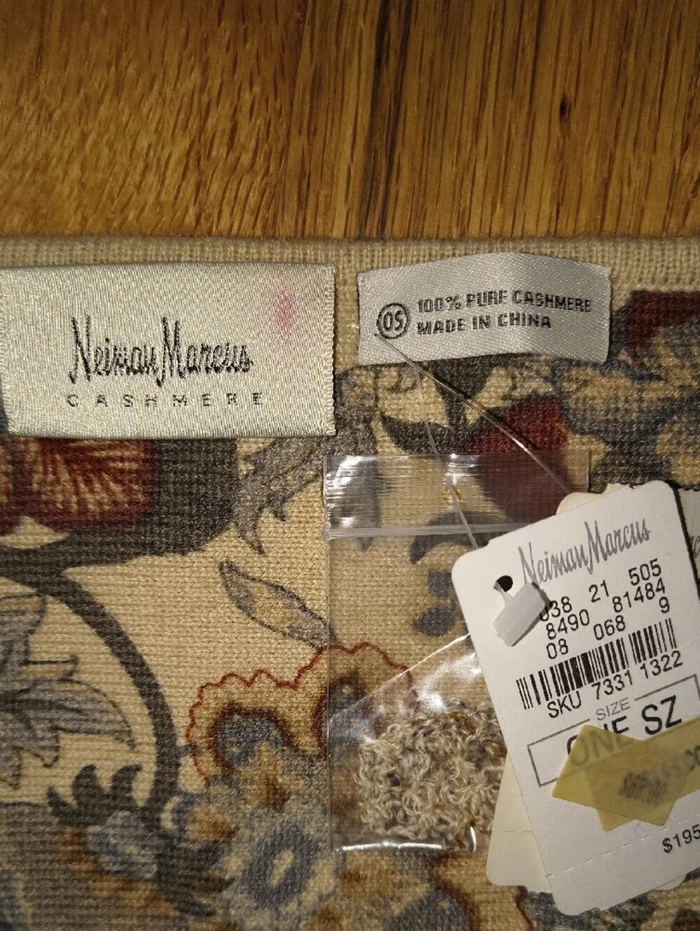 Neiman Marcus Beige Floral Tapestry Scarf with Blue & Rust Embroidery